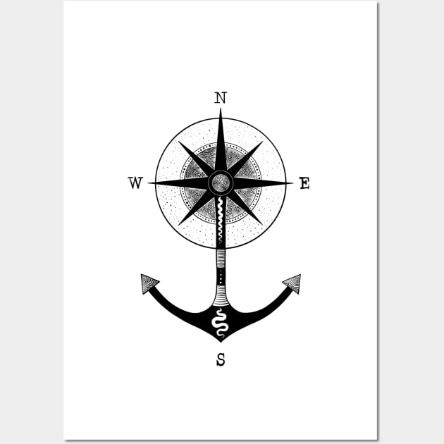 Compass Black And White Illustration Wall Art by Brokoola